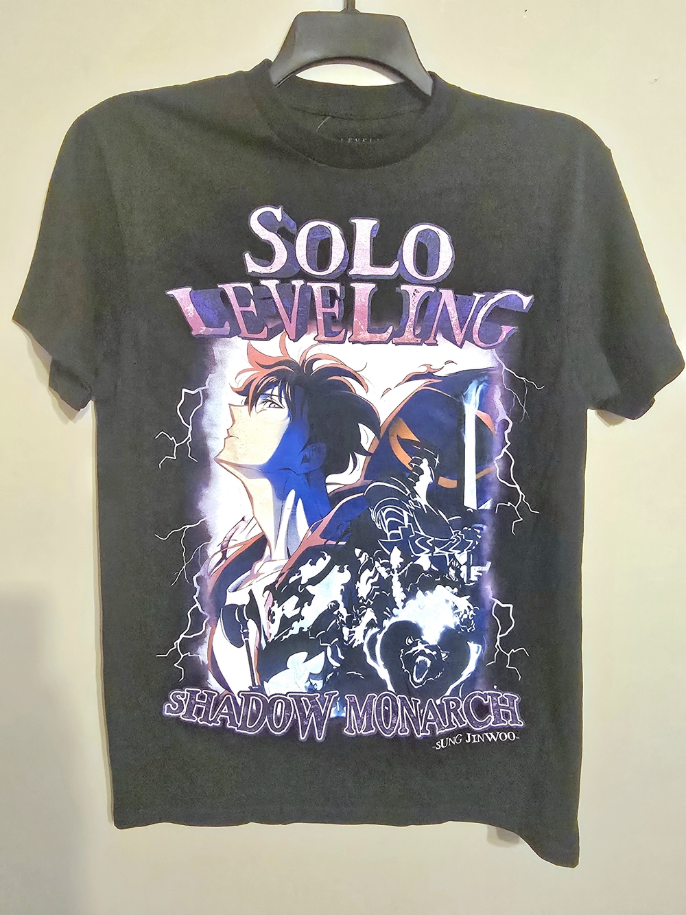 Hot Topic Black Solo Leveling Graphic Tee with Purple and Pink Print
